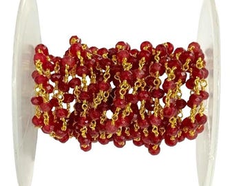 Ruby Jade Beaded Chain, Gold Plated Wire Wrapped Rosary Chain