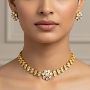 May include: A gold-coloured necklace and matching earrings set. The jewellery features a floral design with clear, round gemstones. The necklace has a central flower pendant and a delicate chain. The earrings are also flower-shaped. The jewellery is worn on a person.