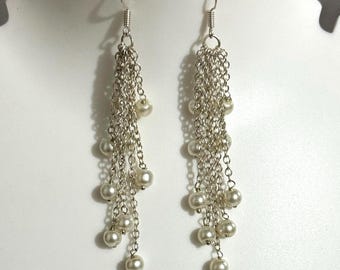 6mm White Pearl & Silver Plated Chain Dangle Earrings