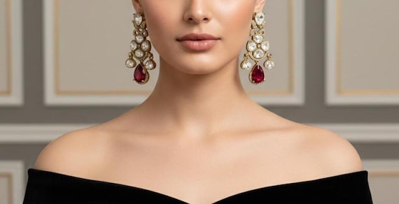 Handmade Gold Plated Indian Earrings: Red Stone Polki Dangle Earrings