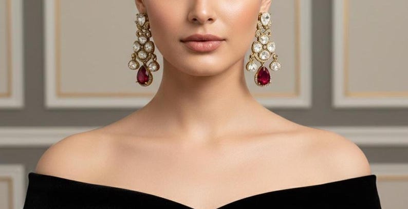 Handmade Gold Plated Indian Earrings: Red Stone Polki Dangle Earrings image 1