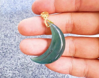 Blue Jadeite Moon Pendant: Boho Celestial Necklace