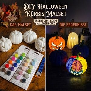 Könnte beinhalten: Ein DIY Halloween Kürbis Malset mit vier unbemalten weißen Keramikkürbissen, zwei Sets Acrylfarben in verschiedenen Farben und vier Pinseln. Die rechte Seite zeigt fertig bemalte, beleuchtete Kürbisse und eine leuchtende Geisterfigur.