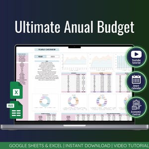 Puede incluir: Un ordenador portátil que muestra una hoja de cálculo financiera titulada "Ultimate Annual Budget". La pantalla muestra gráficos, tablas y el texto "Yearly Overview 2023". También son visibles iconos para un tutorial de YouTube, un calendario inteligente y control económico.