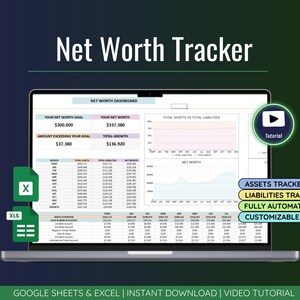 Puede incluir: Una computadora portátil muestra una hoja de cálculo "Net Worth Tracker". La pantalla muestra datos financieros, gráficos y el texto "Assets Tracker", "Liabilities Tracker", "Fully Automated" y "Customizable". Un botón verde "Tutorial" es visible.