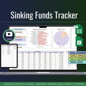 Puede incluir: Una captura de pantalla de una hoja de cálculo "Sinking Funds Tracker" en un ordenador portátil. La imagen muestra gráficos y tablas de datos. También se ve el texto "GOAL DASHBOARD", "SIMPLE SPREADSHEET", "FULLY CUSTOMIZE" y "DEMO VIDEO".