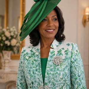 Peut inclure: Une femme porte un chapeau vert orn&eacute; d'une grande fleur et de rubans. Elle porte &eacute;galement une veste &agrave; motifs floraux avec deux broches d&eacute;coratives. La veste est blanche avec un motif floral bleu clair.