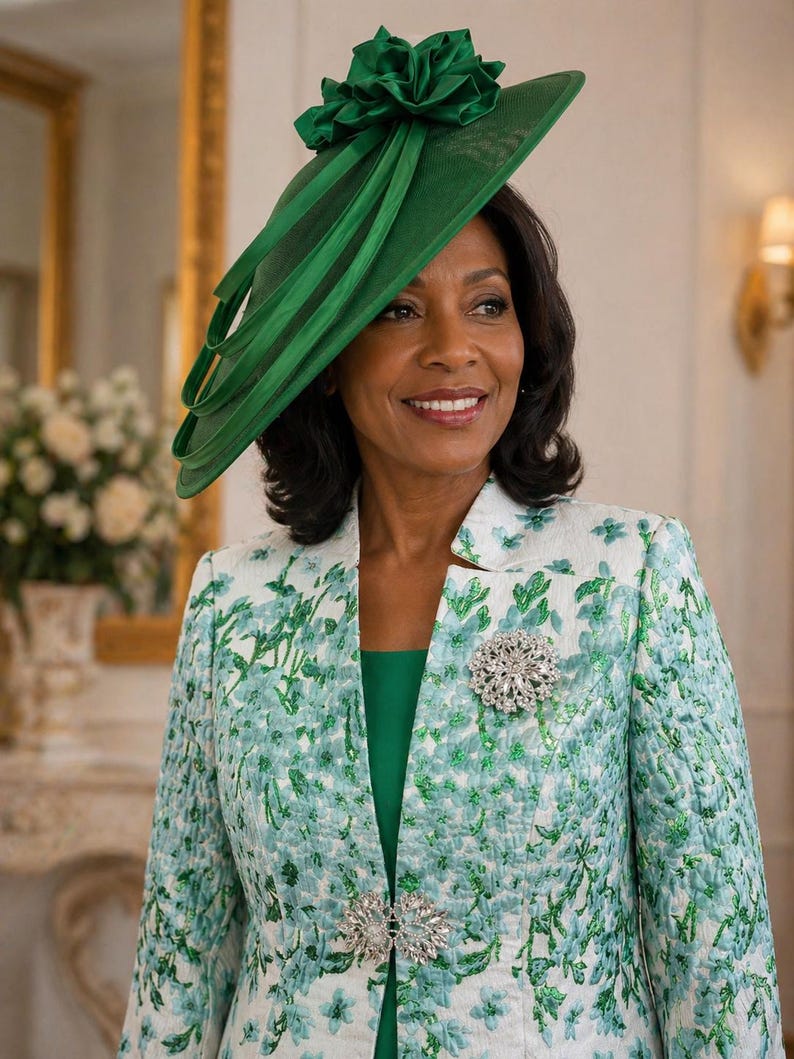 Peut inclure: Une femme porte un chapeau vert orn&eacute; d'une grande fleur et de rubans. Elle porte &eacute;galement une veste &agrave; motifs floraux avec deux broches d&eacute;coratives. La veste est blanche avec un motif floral bleu clair.