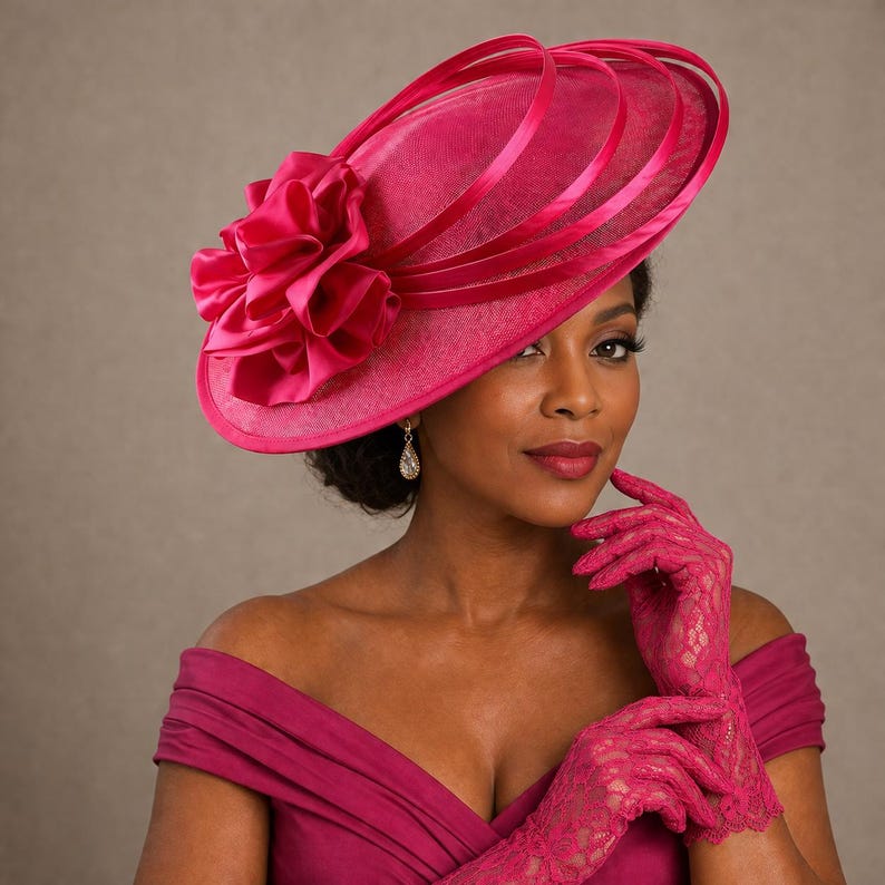 Peut inclure: Un chapeau fuchsia vif avec un large bord et des rubans d&eacute;coratifs. Le chapeau est orn&eacute; d'une grande fleur froiss&eacute;e sur le c&ocirc;t&eacute;. L'image montre &eacute;galement des gants en dentelle assortis et une robe de couleur similaire.