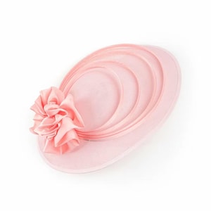 Peut inclure: Chapeau ovale rose p&acirc;le avec une grande fleur froiss&eacute;e sur le c&ocirc;t&eacute; gauche. Le chapeau pr&eacute;sente une s&eacute;rie d'accents incurv&eacute;s en forme de ruban. Le chapeau est de couleur rose pastel clair, adapt&eacute; aux &eacute;v&eacute;nements formels.