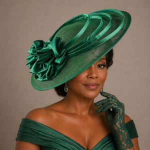Peut inclure: Un chapeau vert formel avec un large bord, des rubans de satin d&eacute;coratifs et une grande fleur. Le chapeau est assorti &agrave; des gants et des boucles d'oreilles en dentelle verte. Un accessoire &eacute;l&eacute;gant pour les occasions sp&eacute;ciales.