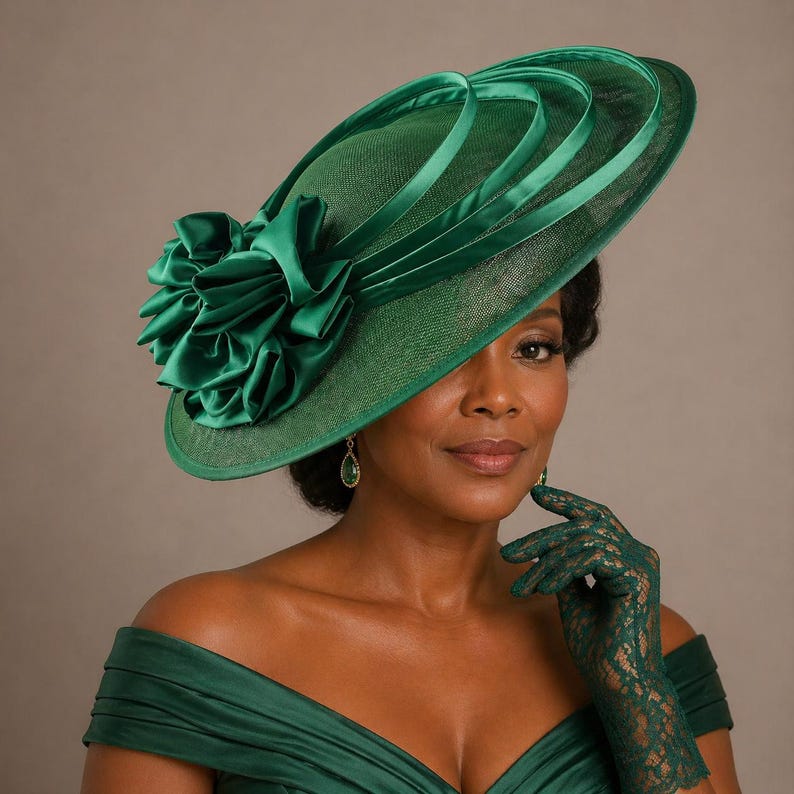 Peut inclure: Un chapeau vert formel avec un large bord, des rubans de satin d&eacute;coratifs et une grande fleur. Le chapeau est assorti &agrave; des gants et des boucles d'oreilles en dentelle verte. Un accessoire &eacute;l&eacute;gant pour les occasions sp&eacute;ciales.