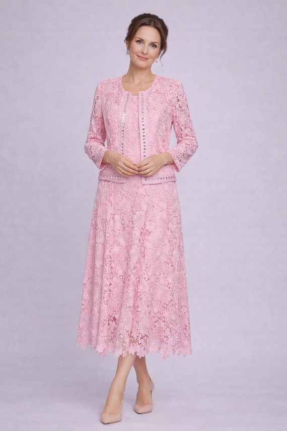 pink lace jacket dress Long Sleeve Pink Lace Jacket 10 / Pink Carnation