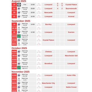 Liverpool FC Fixtures 2025/2026 | Local and European competitions | Digital Download | Printable - Editable | PDF Format | Letter Size