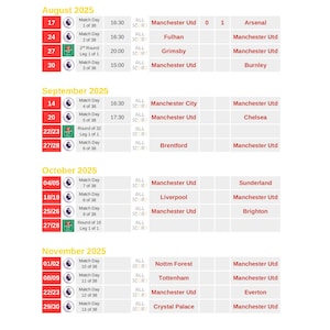 Manchester United FC Fixtures 2025/2026 | All local competitions | Digital Download | Printable - Editable | PDF Format | Letter Size