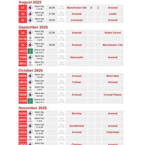 Arsenal FC Fixtures 2025/2026 | Local and European competitions | Digital Download | Printable - Editable | PDF Format | Letter Size