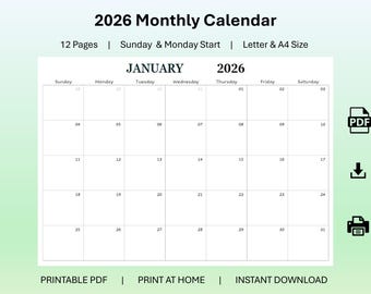 2026 Monthly Calendar | Digital Download | Printable – Editable | PDF Format | A4 & Letter Size | Monday, Sunday Start | Landscape