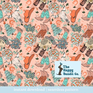 May include: A repeating pattern with cowboy boots, hats, horses, disco balls, and horseshoes in orange, brown, and turquoise on a peach backdrop. The Happy Bandit Co. logo is in the bottom right corner.