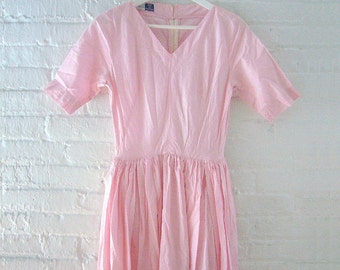 1950s Pink Fit and Flare Day Dress 50s Vintage Pastel Blush Cotton Bill Atkinson Full Skirt Small XS Rockabilly Summer Garden Party Dress