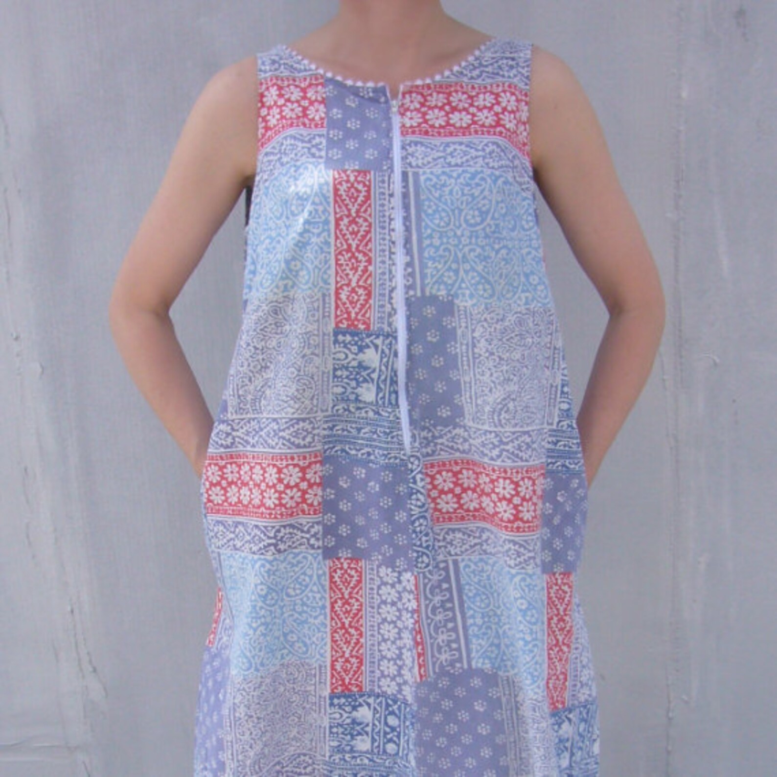Checked Shift Style Trapeze Dress with Pockets in Ruby Red