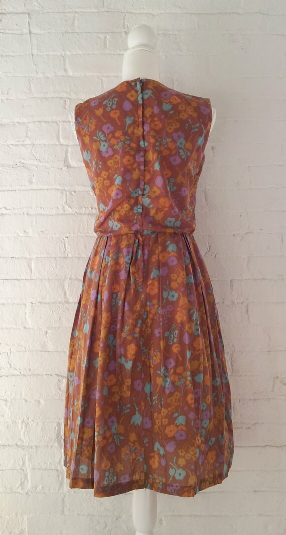1960s Gold Floral Pleated Dress 60s Vintage Rust … - image 4