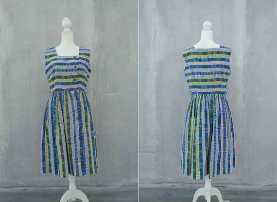 1950s Blue Floral Striped Cotton Fit and Flare Dr… - image 3