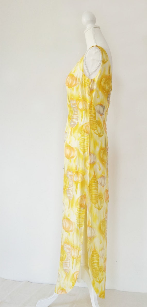 1960s Yellow Novelty Print Silky Maxi Dress 60s V… - image 5