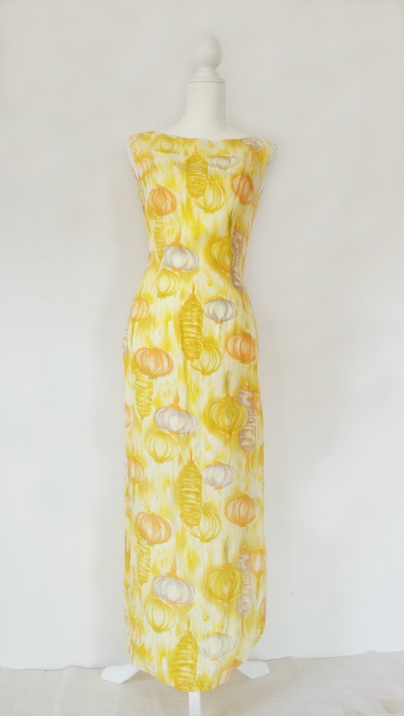 1960s Yellow Novelty Print Silky Maxi Dress 60s V… - image 4