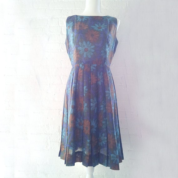 Blue Floral Fit and Flare Dress 60s Vintage Olive