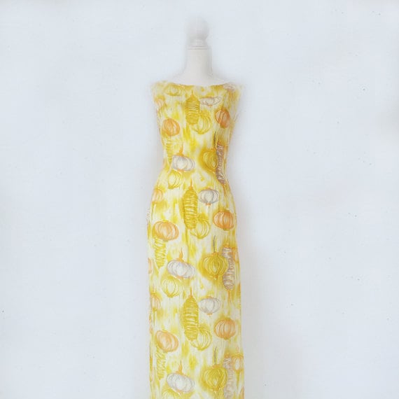 1960s Yellow Novelty Print Silky Maxi Dress 60s V… - image 1