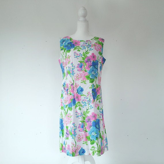 1960s Blue White Floral Shift Dress 60s Vintage P… - image 1