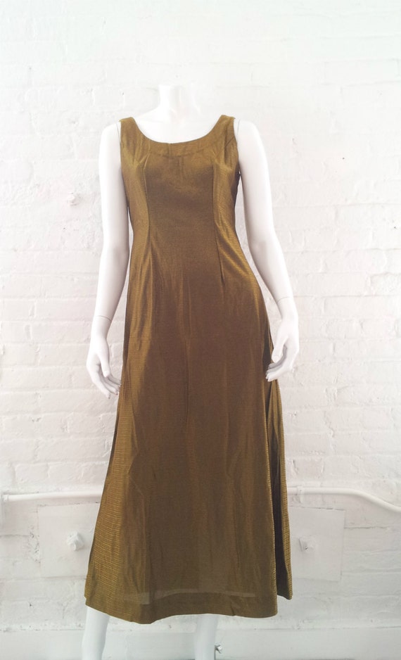 1960s Gold Metallic Maxi Dress Vintage 1970s Prom… - image 4