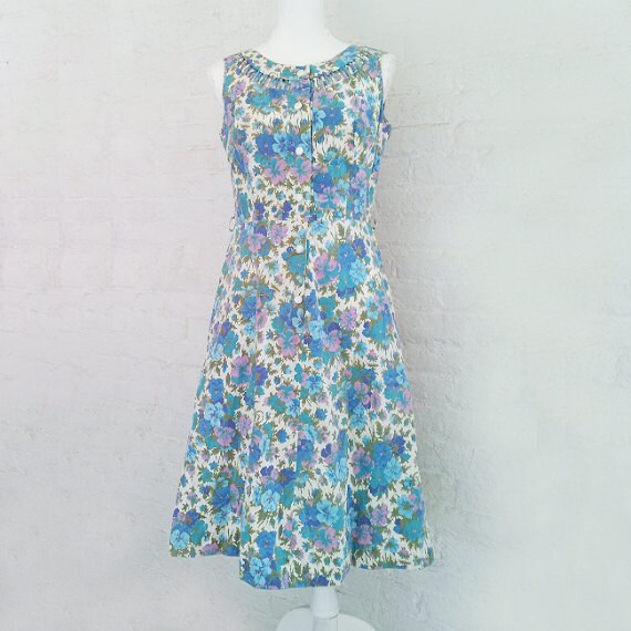 1950s Blue Watercolor Floral Day Dress 50s Vintage