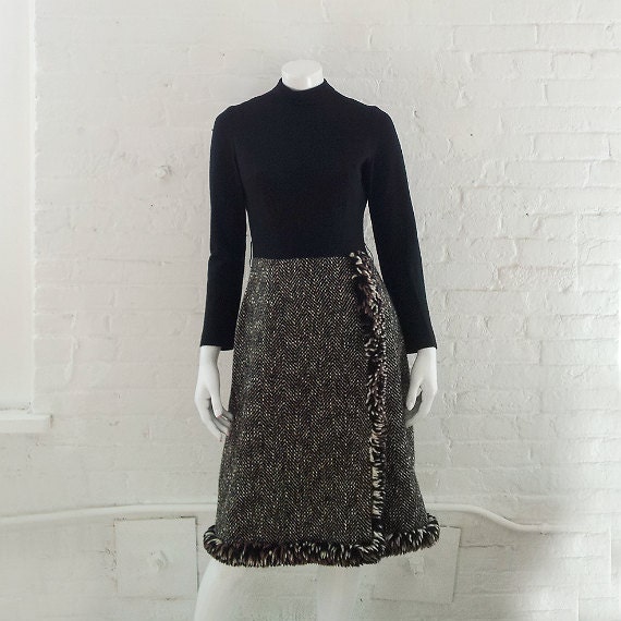 Vintage 1960s Suzy Perette Black Wool Day Dress 6… - image 1