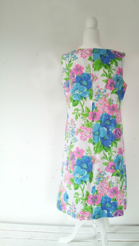 1960s Blue White Floral Shift Dress 60s Vintage P… - image 3