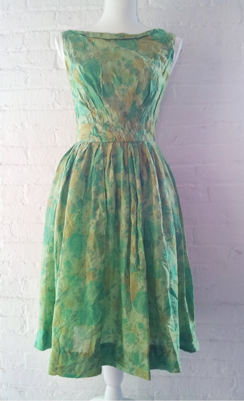 1950s Green Floral Silk Fit and Flare Dress 50s Vintage Yellow - Etsy