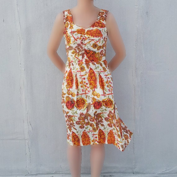 1950s Orange Red Floral Boho Dress 50s Vintage Ato