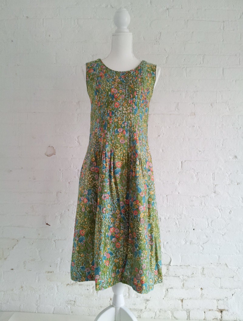 Green Blue Watercolor Floral Fit and Flare Dress 60s Vintage - Etsy