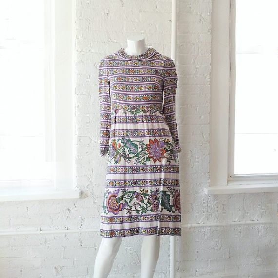 1960s Striped Floral Cotton Sheath Dress 60s Vint… - image 1