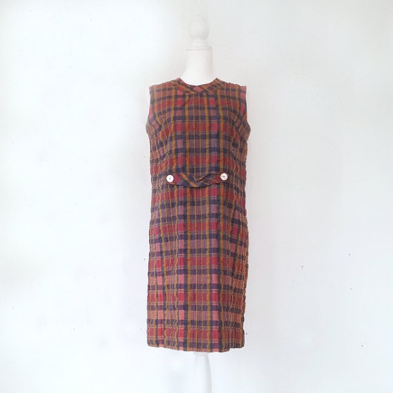 Plaid Shift Dress 60s Vintage 1960s Red Blue Multi