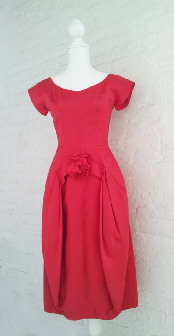 1950s Red Prom Dress 50s Vintage New Look Silk Sa… - image 2