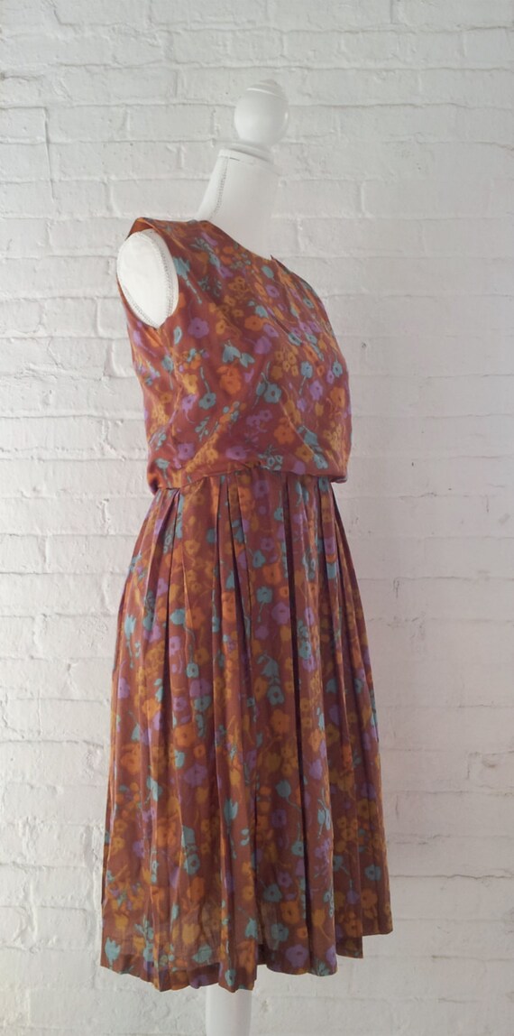 1960s Gold Floral Pleated Dress 60s Vintage Rust … - image 3