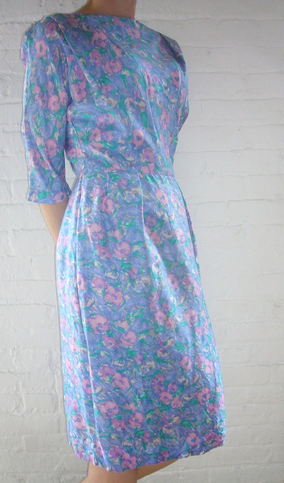 1950s Blue Floral Silk Dress Vintage Watercolor M… - image 4