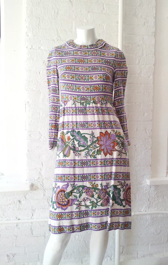 1960s Striped Floral Cotton Sheath Dress 60s Vint… - image 4