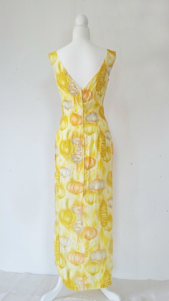 1960s Yellow Novelty Print Silky Maxi Dress 60s V… - image 3