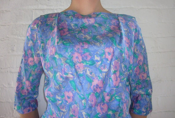 1950s Blue Floral Silk Dress Vintage Watercolor M… - image 5