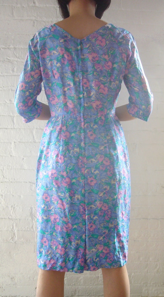 1950s Blue Floral Silk Dress Vintage Watercolor M… - image 3