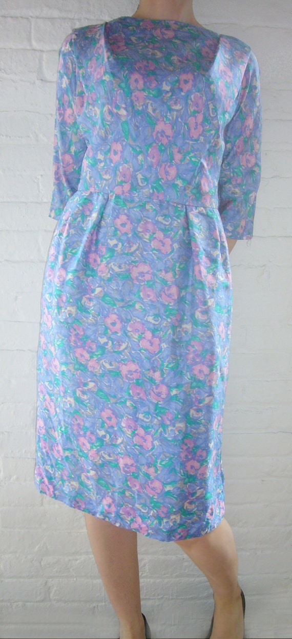 1950s Blue Floral Silk Dress Vintage Watercolor M… - image 2