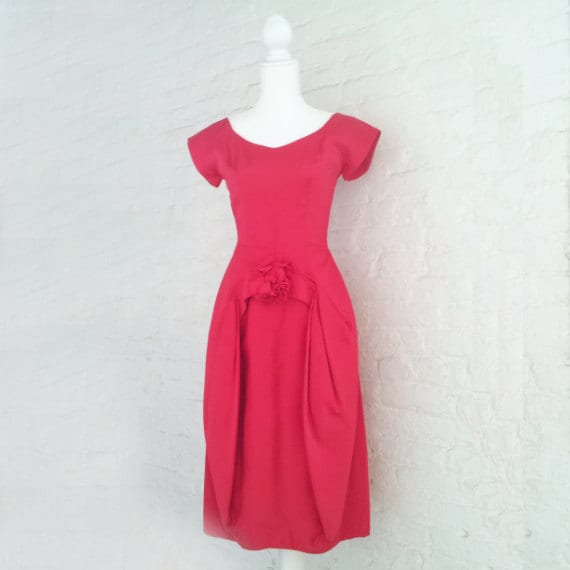 1950s Red Prom Dress 50s Vintage New Look Silk Sa… - image 1