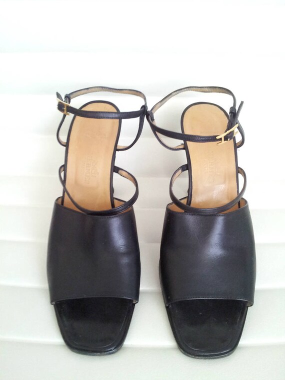 Vintage Hermes Black Sandals 7 37.5 Strappy Sanda… - image 2